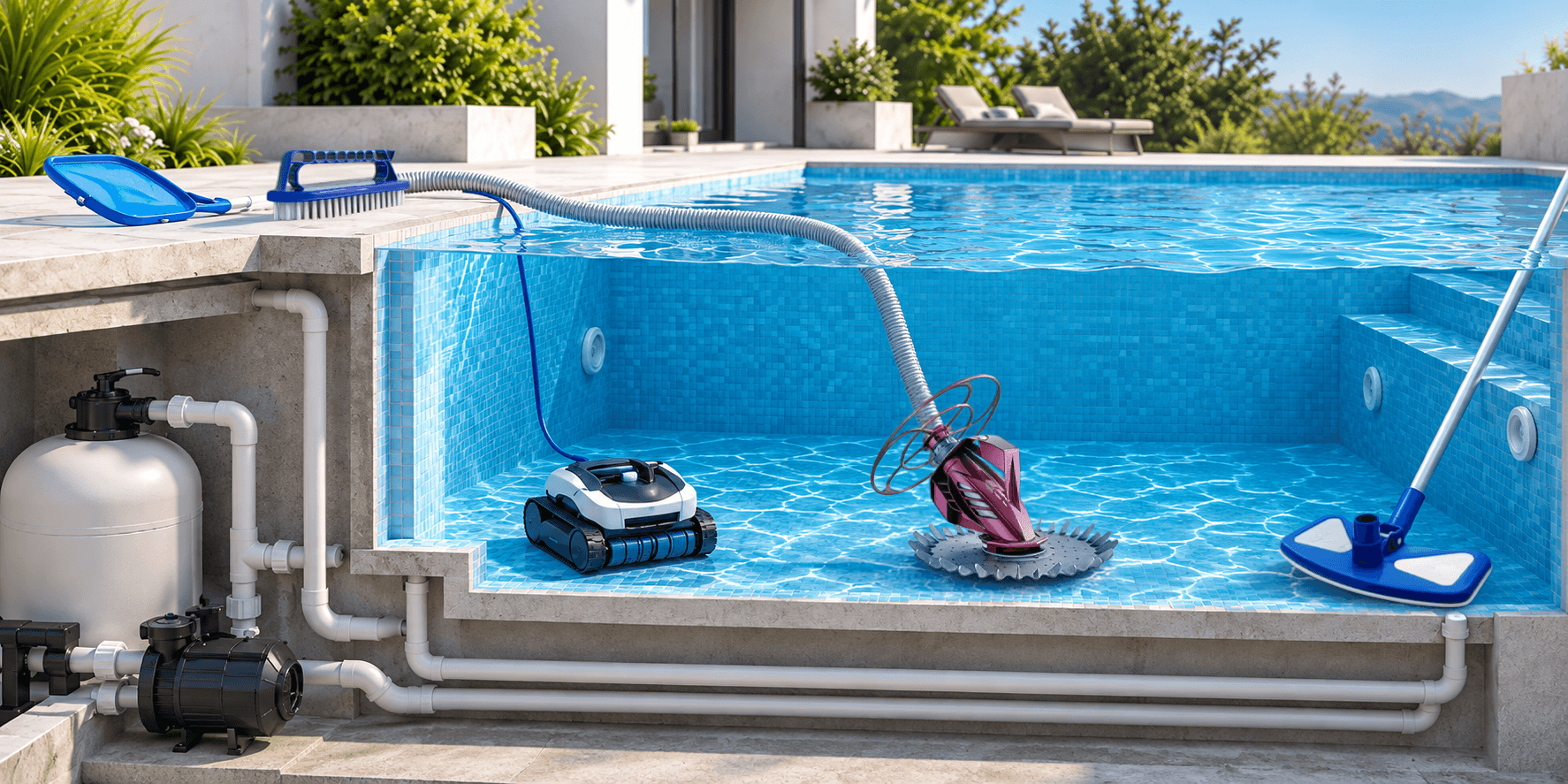 Piscina con limpiafondos eléctrico, hidráulico, manual y material de limpieza